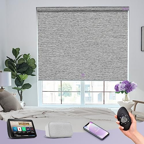 Graywind Customised Smart Blackout Roller Blinds Compatible with Alexa Google, Delicate Design Texture Rechargeable Electric Blinds with Remote, Motorised Window Shades, Striped Grey