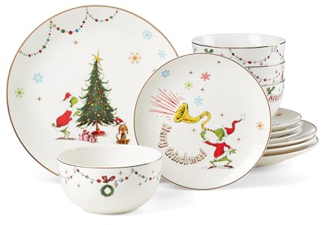 Lenox 895051 Merry Grinchmas Geschirr-Set, 12-teilig, Grün, 12-teilig, Weihnachtsgeschirr-Set, Urlaubsgastgeber