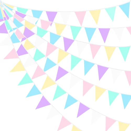 32Ft Pastel Macarons Bunting Banner Party Decorations Colorful Fabric Pennant Hanging Multicolor Triangle Flag Garland for Wedding Birthday Bridal Baby Shower Festival Kids Room Nursery Outdoor Garden