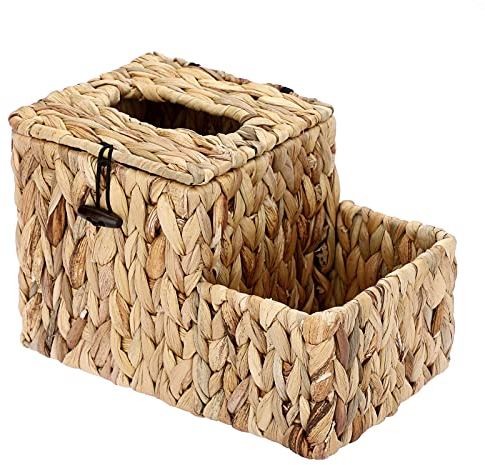 BSTKEY Water Hyacinth Square Facial Tissue Box with Lid, Household Woven Napkin Box Tissue Paper Holder with Multi-function Organizer Side Pocket for Remote Control Vanity Makeup Cosmetic Pencil