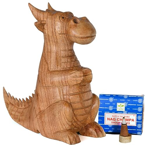 Handgeschnitzter Holzdrachen-Räucherkegel mit 12 Nag Champa Räucherkegeln – Rauchender Drache aus Nasenlöchern