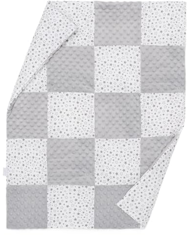 ELIMELI Minky Babydecke Kuscheldecke Krabbeldecke - super weichem Minky Dots Polar Fleece und Baumwolle mit Füllung | Baby Decke 75x92 hoch Qualität (Patchwork Grau - Sterne)