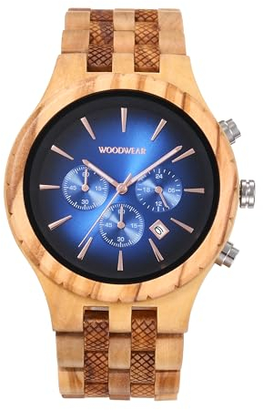 woodwear Herren Holz-Armbanduhr – mit Chronograph aus Olivenholz mit Zifferblatt in Nachtblau – nachhaltige Designuhr – Geschenkidee für Männer