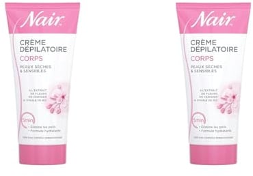 NAIR - Crème Dépilatoire Corps spécial Peaux Sèches & Sensibles, aux Extraits de Fleur de Cerisier & d'Huile de Riz, Formule Hydratante, Tube de 200ml et spatule (Lot de 2)