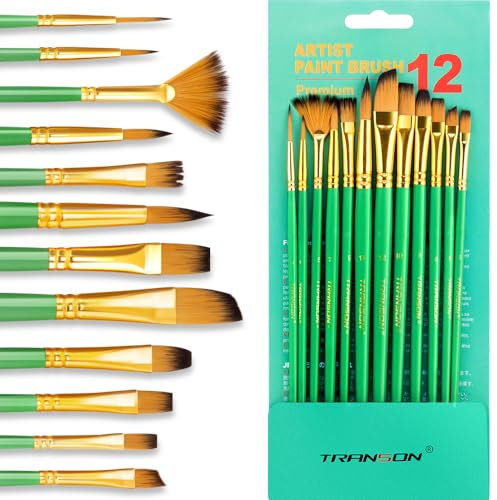 Transon Art Painting Brush Assorted Set of 12 for Acrylic Watercolor Gouache Hobby Painting Green