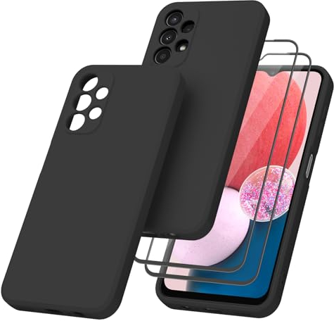Mugust HandyHülle für Samsung Galaxy A13 4G Hülle, 【1 Hülle + 2 Stück Panzerfolie】für Samsung Galaxy A13 4G, Vollschutz Flüssigsilikonhülle 360 Grad Schutzhülle für Samsung A13 4G (Schwarz)