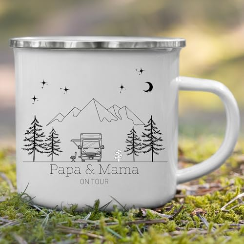 Little Mathilda Emaille Tasse Camping Tasse Personalisiert mit Namen Wohnmobil Geschenk für Camper 330 ml Blechtasse Camping Geschenke für Wohnmobilbesitzer (1x Tasse)