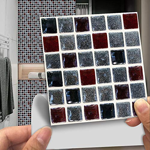 Fliesenaufkleber Mosaik Rot Grau Küchenrückwand,Wasserdicht Ölfest ​Klebefliesen Küche Fliesenaufkleber Bad,Fliesenfolie 3D Wandpaneele Selbstklebend 10 PC(15x15cm)