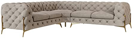 S-Style Möbel Milton Ecksofa 4-Sitzer Eckcouch Chesterfield-Ecksofa Sofa mit goldenen Metallfüßen Wohnzimmer Couch Möbel Freistehende Polster Sofas & Couches Dunkel Cremefarben 262x200x75 cm
