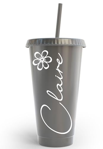 Personlaized Tumbler 24oz Cold Cup Custom Name & Flower - with Lid and Straw for Water, Iced Tea, Coffee, Smoothies, and More