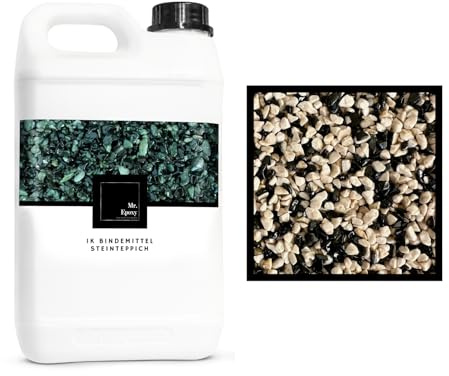 Mr. Epoxy Steinteppich für Außen & Innen Komplettset (25kg Kies + 1,3kg Bindemittel) - UV-Stabil & Geruchsneutral - Buntsteinputz mit Versiegelung als Bodenbelag (Nero e Crema)
