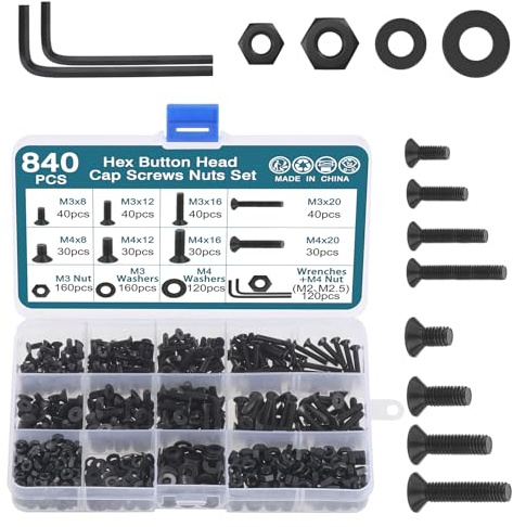 HSEAMALL 840 Stück Schrauben Sortiment, M3 M4 10.9 Grade Alloy Steel Hex Flat Head Cap Bolzen Muttern Unterlegscheiben Sortiment Kit mit Sechskantschlüsseln