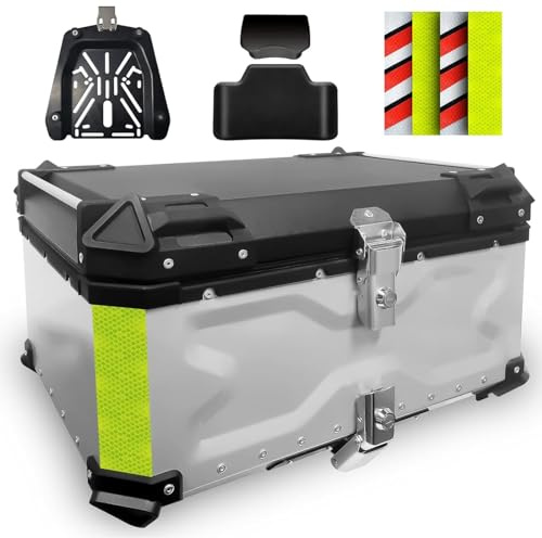 Yglophic Motorrad-Topcase, 45 L, 55 L, 65 L, 80 L, 100 L, Aluminium-Motorrad-Topcase, Universalkoffer, Reise-Heckbox, Mit Sicherheitsschloss, Universal-Motorrad-Topcase Silver,45L