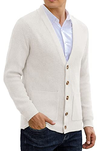 Sailwind Mens Long Sleeve Cardigan Autumn Chunky Knitted V Neck Button Cardigan Soft Cable Knit Sweater for Men (White, XL)