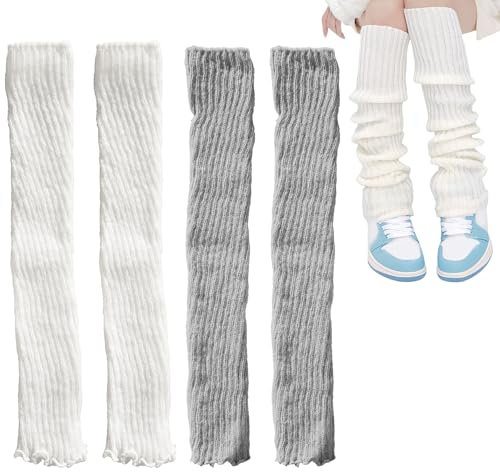 TOOINKCV 2 Pairs Knitted Leg Warmers for Women Ladies, 80s Women Leg Warmers, Winter Boot Cuffs Warm Knee Warmers for Girls, Kawaii Crochet Legwarmers Knee Socks (White Grey, 40cm)