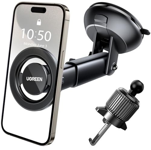UGREEN Soporte Móvil Coche Magsafe 2 en 1, Suporte Telemovel Carro Magnético para el Salpicadero & Rejillas de Aire y Parabrisas, Compatible con iPhone 16 15 14 Plus Pro MAX, Galaxy, Xiaomi, etc.