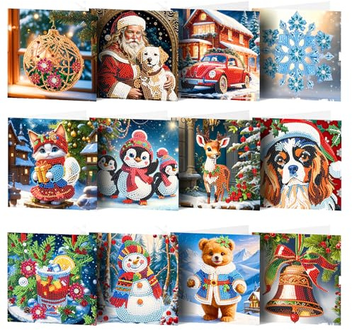 Toyhood 12 Stück Weihnachtskarten, 5D Diamantmalerei Weihnachtsgrußkarten Kits DIY Diamond Art Weihnachtskarten Handmade Weihnachten Grußkarten für Neujahr Thanksgiving Weihnachten (Style-B)