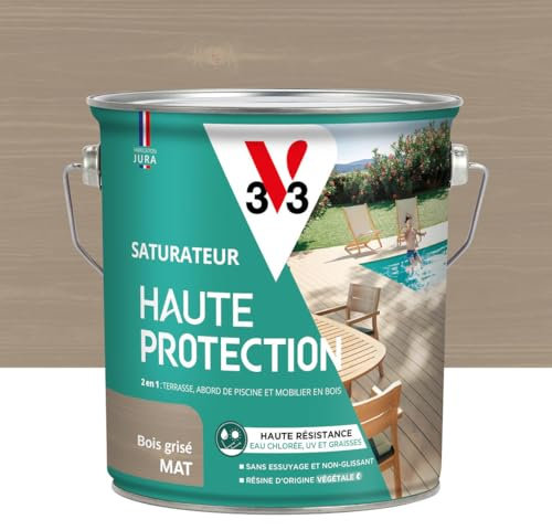 V33 Saturateur bois extérieur Bois grisé mat - Pour terrasses et mobilier de jardin - Haute résistance eau chlorée, UV et graisse - Sans essuyage et non glissant - Résine d'origine végétale - 2,5L