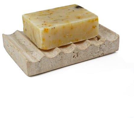 Shonmogar Porte-savon en travertin naturel, porte-savon drainant pour douche, barre en pierre avec pieds, magnifique pour porte-savon pour salle de bain, douche, comptoir de cuisine, évier, beige