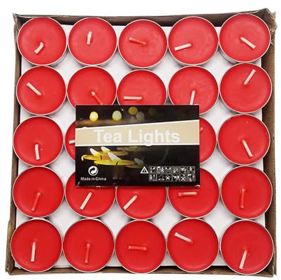 ALLAVA 50 Stück Teelichter Herzform, Teelichte Weihnachten, 2 Stunden Brenndauer, aus Paraffinwachs, Kerzen für Stövchen, Deko, Gastronomie, Outdoor, Party, Windgläser (Rot)