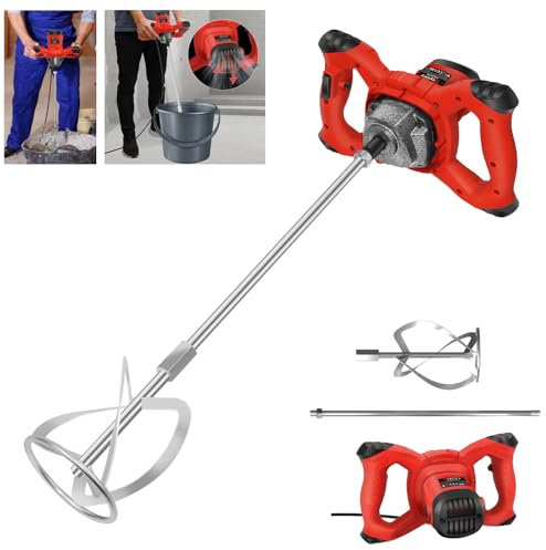 2600W Rot Rührwerk betonrührer, 6-Gang-Getriebe 0-1700U/min, M14 Spiralstange 60 cm, Farb-Mörtelrührer Ø120 mm, Handmischer für Mischgut Beton, Mörtel, Putz, Farbe, Kleber und Zement