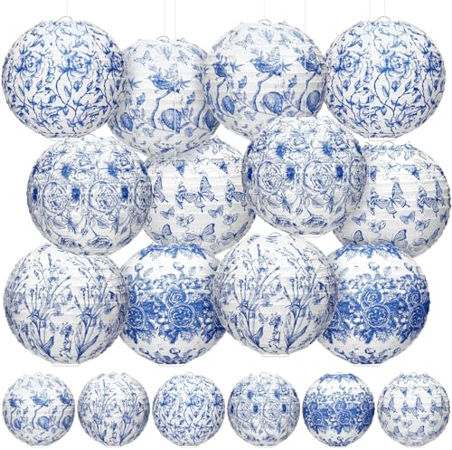 Rossesay 12 Stück blaue und weiße Papierlaternen, 20,3 cm, Chinoiserie-Laternen, blaue Blume, hängende Laternen, für Innen- und Außenbereich, Frühlingsdekoration, runde Laternen, hängende Dekoration,