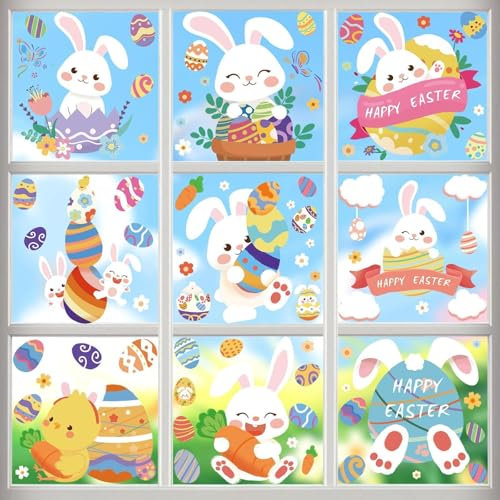 AUGSUN Ostern Fensterbilder, 9 Bögen Selbstklebend Fenstersticker Ostern Wiederverwendbare Ostern Fensteraufkleber Hasen Fensterbilder Osterei-Kaninchen Fenster Aufkleber