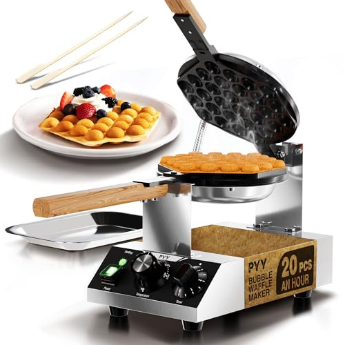 PYY Bubble Waffle Maker - 1500W Hong Kong Electric Stainless Steel, Commercial Egg Puff Waffle Iron Machine, 180° Rotating, Non-stick Coating,122-482℉, 30 Egg Cones