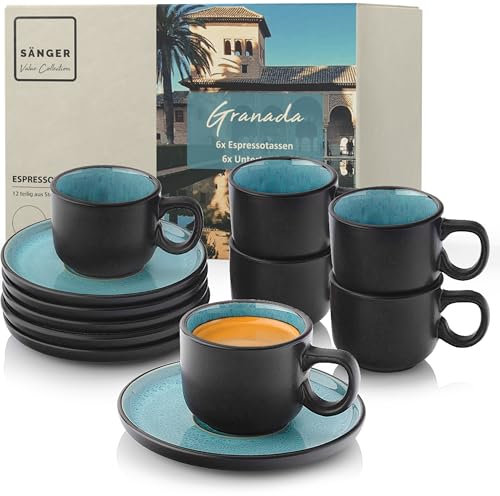 Sänger Granada | Espressotassen Set Steingut 12 tlg, Mokka Tassen Set 6 Personen, Tassen & Untertassen - spülmaschinenfest mikrowellenfest - Tassenset blau mit schwarzem Rand 80 ml | VALUE COLLECTION