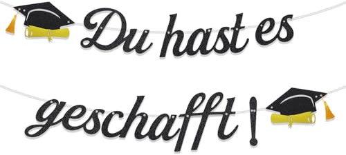 Graduation Deko Girlande Schwarz Gold, Du Hast es Geschafft Bachelor Deko, 2025 Abschluss Deko Banner mit Quaste Absolventenhut Motiv, Abschluss Girlanden für Abitur, Bachelor, Master Abschlussfeiern