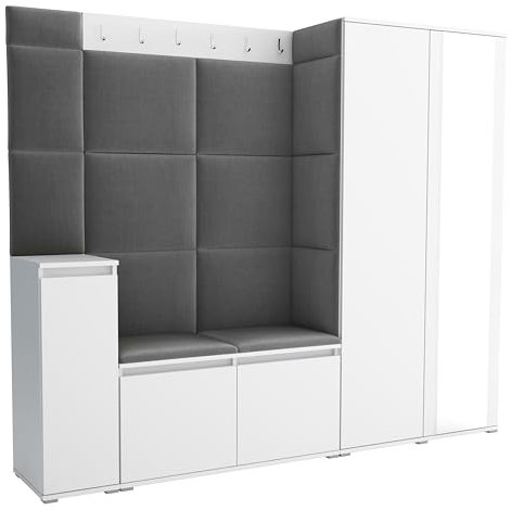 Brent - Garderobenschrank Flur Weiß mit sitzbank 220 cm Breit Luton 8 - Multifunktionale Flurgarderobe Set mit Stauraum und Wandpaneel, Garderobe mit Sitzfläche und Kleiderhaken