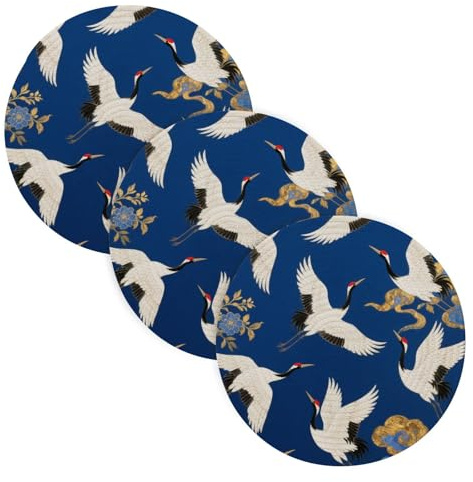 3 Pcs Pot Holder Set Holder for Hot Pots and Pans Blue and Golden Japanese Cloud Crane 15in Polyester-Cotton Thread Weave Kitchen Aid Porta platos para mesa