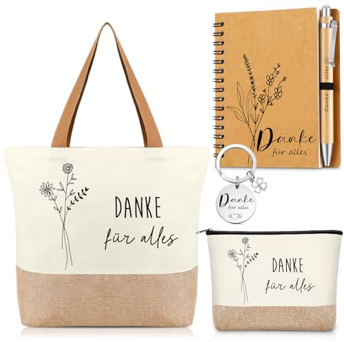 Hestya Dankeschön Geschenkset – Tragetasche, Kosmetiktasche, Schlüsselanhänger, Holzstift & Notizbuch – Geschenke für Kollegin, Freundin, Lehrerin, Abschied