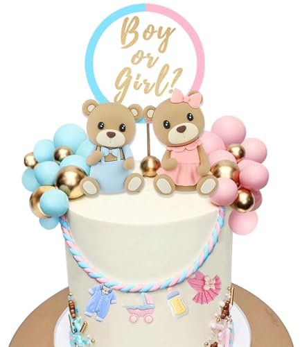 Gender Reveal Tortendeko Bär Set – Boy or Girl Cake Topper mit Bär, Kugelförmig & Schriftzug, Baby Shower Deko für Babyparty Junge Mädchen, Baby Tortendeko für Geburtstag & Gender Reveal Party Zubehör