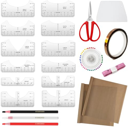 DONQL 61 Stück Ausrichtungslineal Plotter mit Hitzebeständigem Papier | T-Shirt Ausrichtungs Lineal mit Hochtemperaturklebeband, für die DIY-Bekleidungsherstellung und den Thermotransferdruck