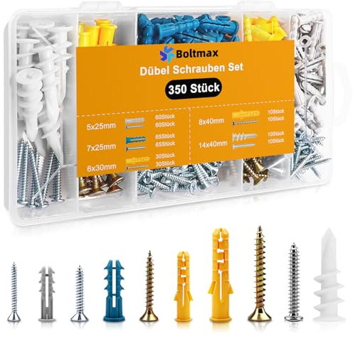 Boltmax 350 Stück Dübel Schrauben Set, Dübel Set, Rigipsdübel mit Schrauben | Trockenbau Dübel in verschiedenen Größen, Hohlraumdübel für verschiedene Wandmaterialien wie Beton, Ziegeln und Gipskarton