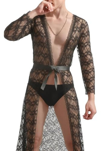 Generisch Spitzen Kimono Bademantel Herren Mesh Morgenmantel Mit Satin GüRtel Robe Nachthemd Transparenter Langer Schlafanzug Sexy NachtwäSche V Ausschnitt UnterwäSche Hausanzug Sleepwear