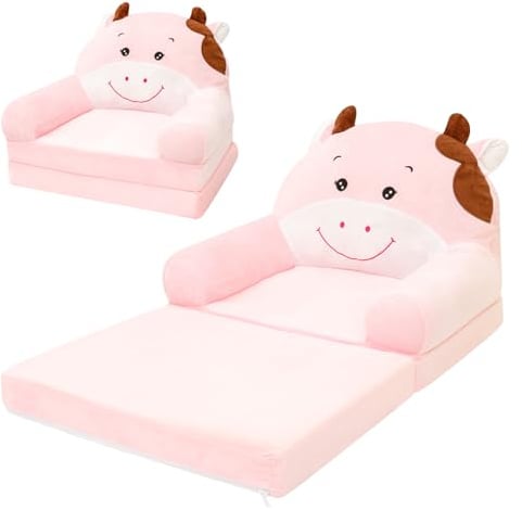 harupink Kindersofa Ausklappbar 2 in 1 Spielsofa für Kinder,Kindersessel mit Schlaffunktion,Weich & Robust Mini Couch,Umwandelbares Liegestuhl zum Spielsofa Kinder Sessel ab 1 Jahren(Rosa Kuh)
