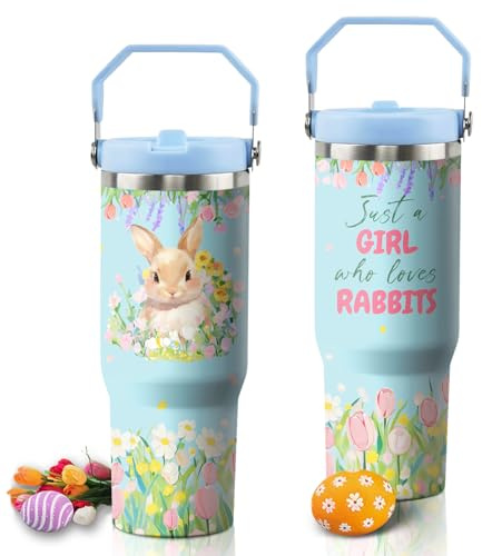 30oz Bunny Tumbler with Handle and Flip Straw, Rabbit Stainless Steel Vacuum Insulated Cup, Travel Mug Water Bottle, Easter Gifts for Women Bunny Lovers