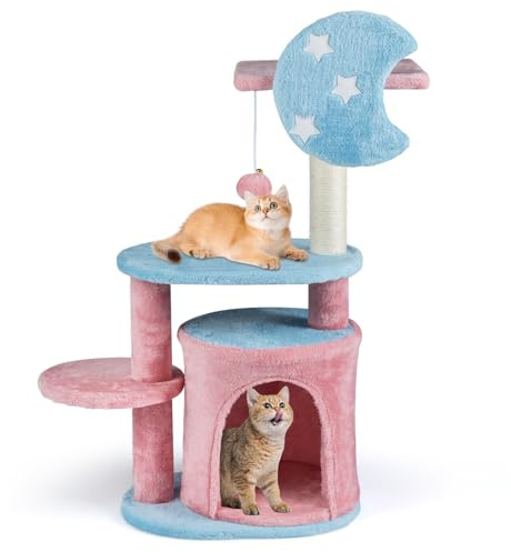 COSTWAY Cat Tree, Multi-Layer Cats Tower with Perch, Condo, Sisal Scratching Post & Plush Dangling Ball, Cute Fluffy Kitten Activity Center for Indoor Cats
