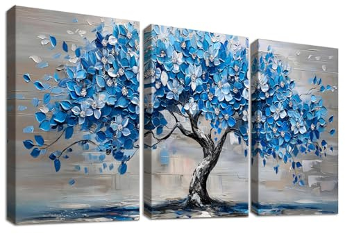 3Pcs Baum des Lebens Leinwand Bilder Set Mit Rahmen Poster Blaue Blumen Baum Bild auf Leinwand Malerei Marineblaue neutrale Ästhetik Wandbilder Wohnzimmer Schlafzimmer Esszimmer Wanddeko 30x40cm x3pcs