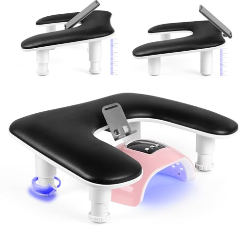 Manicure Nail Arm Rest for Hand: Height-adjustable Rest with Phone Holder | Hand Rest with 360° Rotating Phone Holder - Black PU Leather Nail Arm Cushion for Salon Nail Tech Equipment