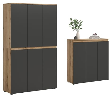 furnling Universalschrank-Set Sarca, anthrazit/Evoke Oak, 9 Türen, 28 Fächer, mit Kleiderstange, Mehrzweckschrank-Set mit 22 verstellbaren Einlegeböden, Breite 235 cm