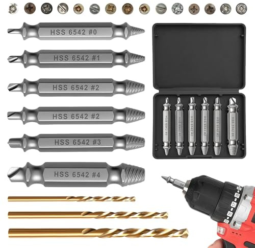 9 PCS Damaged Screw Extractor Set, HSS 6542 Screw Remover & Extractor Bit Set with 3 Twist Drill Bits, Easy Out Bolt Extractor for Stripped, Broken, Rusted & Stubborn Screws, Hardness 63-65HRC