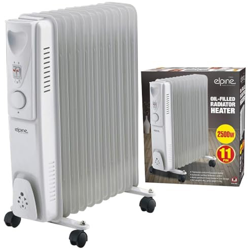 2500W 11 Fin Portable Oil Filled Radiator - Heater, Electrical, Caravan, Office, Home | Free Standing, Portable Heater, With Adjustable Heat Control | Grey