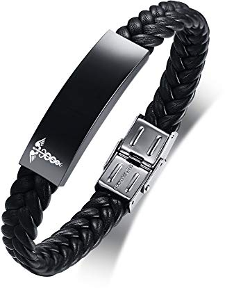VNOX Personalisiert Fertigen Sie Edelstahl-Leder Besonders an Medizinischer Alarm Armband Stern des Lebens Medizinisches Lederarmband für Männer Frauen,21.5cm, Verstellbar