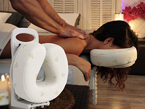 Appui-tête de Massage Allongé ou Assis pour Lit ou Table, Hauteur et Inclinaison Réglable, Coussin Ergonomique à Mémoire de Forme 8 cm, Pliable, Poignée de Transport