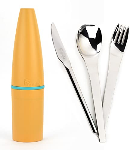 CRUZ DE MALTA - set 3 cubiertos NARANJA, viaje, camping, oficina, excursión, playa, comerdor, niños, acero inoxidable 18/10, aptos para lavavajillas, Estuche portacubiertos incluido