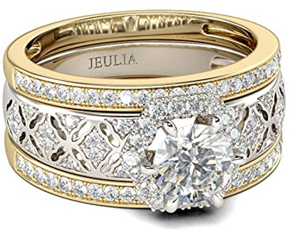 Jeulia Diamant Band Ringe Dame Sterling Silber Ring Vintage Halo Rundschliff Hochzeitring Verlobung Jahrestag Versprechen Braut Sets Ring für Frauen und Mädchen Mit Geschenkbox (Golden, 63(20.2))