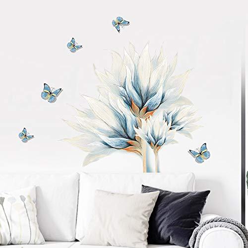 COVPAW® Wandtattoo Wandaufkleber XXL Lilie Blau Schmetterling Blumen Wandsticker Wandbild Bilder Wohnzimmer Schlafzimmer Deco